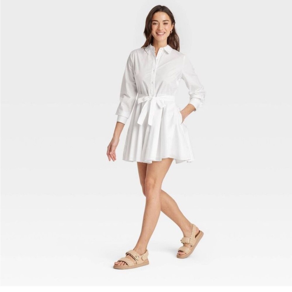 A New Day - Women's Long Sleeve Mini Shirtdress - A New Day Wh White